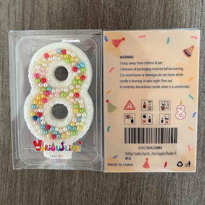 Birthday Candles, Pearl Sequin Number Candle Party Supplies (Number-8)