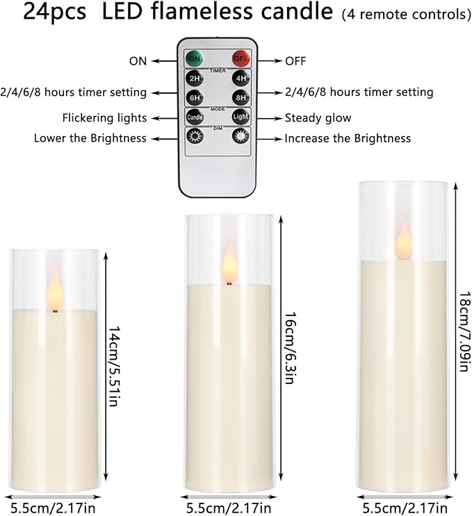 24-Pack A-Series Acrylic LED Flameless Candles with Remote Control,Outdoor Indoor - Perfect for Home Decor,Christmas, Parties, and Special Occasions