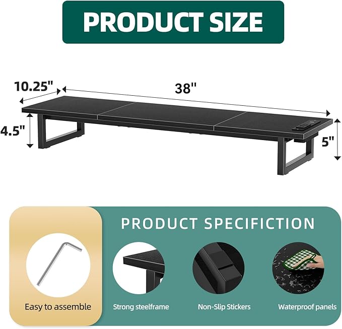 Simple Trending Dual Monitor Stand Riser with 2 USB Charging Ports, Desk Organizer With Drawer and 2 Pen Holders, Shelf for Top of Desk, Black