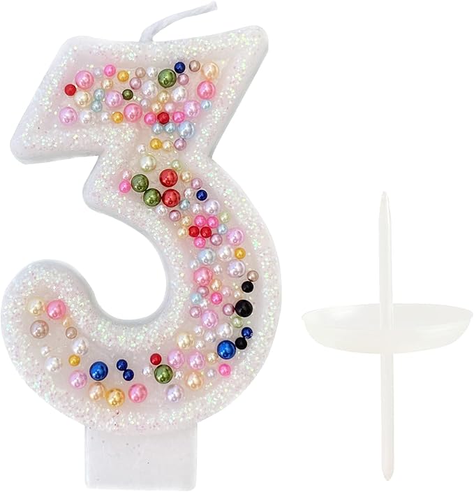 Birthday Candles, Pearl Sequin Number Candle Party Supplies (Number-3)