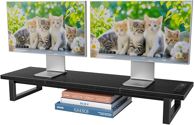Simple Trending Dual Monitor Stand Riser with 2 USB Charging Ports, Desk Organizer With Drawer and 2 Pen Holders, Shelf for Top of Desk, Black