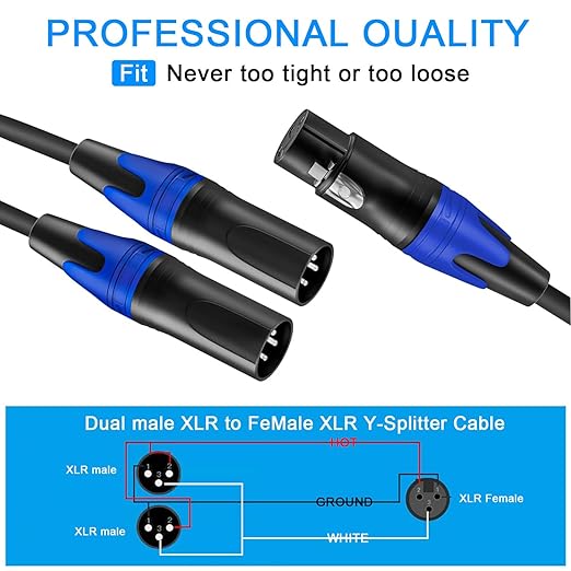 (11.8 inches / 1 Pack) 1 Male to 2 Female XLR Y Splitter Micrphone Cable, 3pin Male to Dual XLR Female Y-Splitter Balanced Mic Audio Cables for Stereo Mic to L & R Audio Track