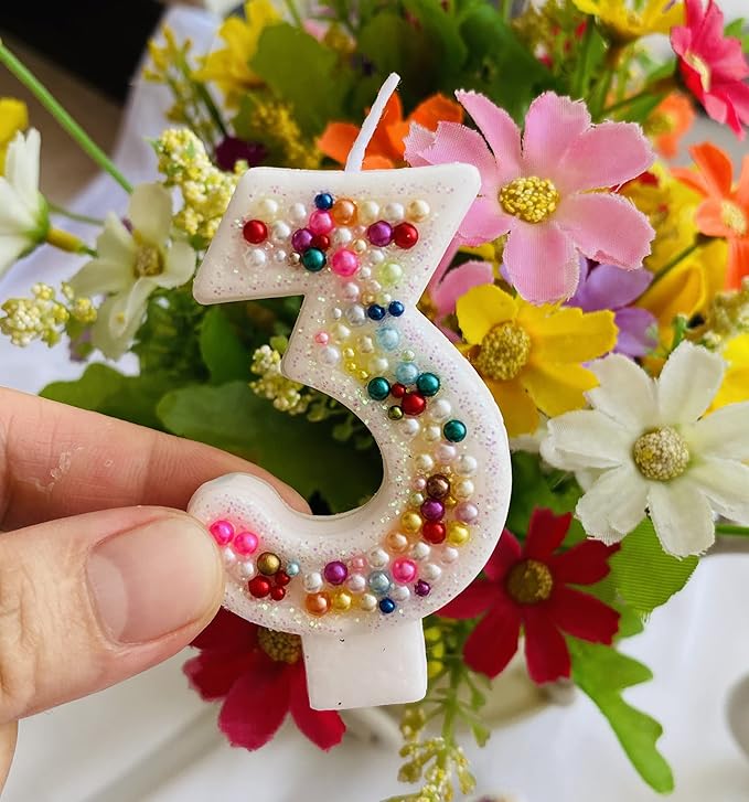 Birthday Candles, Pearl Sequin Number Candle Party Supplies (Number-3)