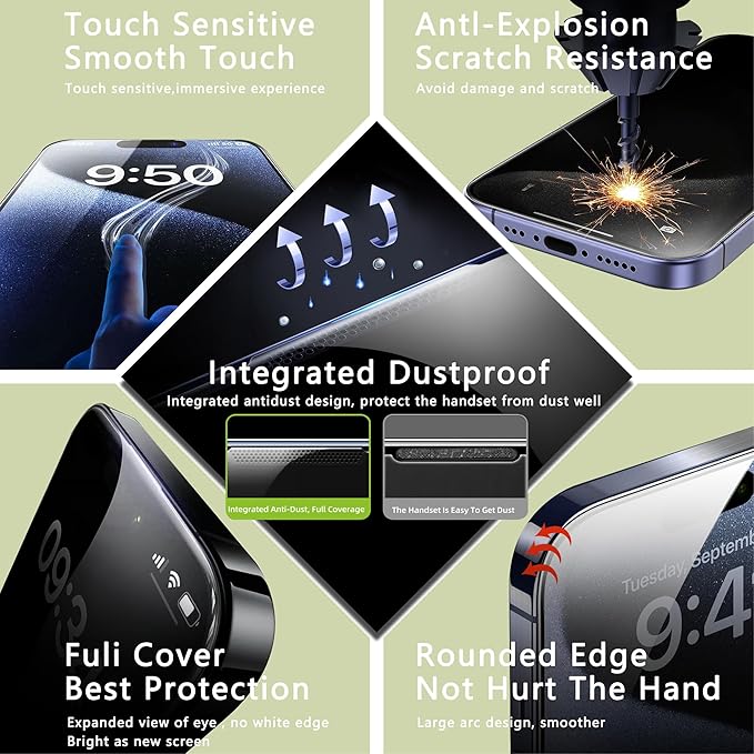 (2-Pack Anti Blue Light Matte Screen Protector for iPhone 15 Pro (6.1-Inch),9H Tempered Glass,Anti-Glare,Full Coverage,Anti-Fingerprint,Auto Dust Removal,Bubble-Free