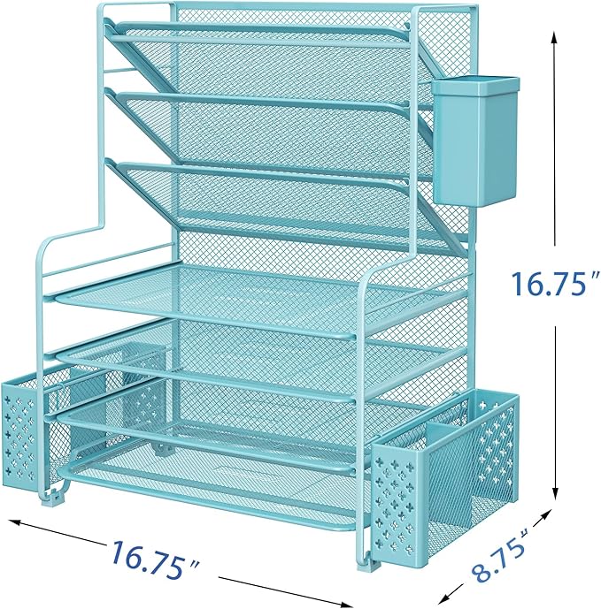 Simple Trending 7 Tier Desk File Organizer, Letter Tray Paper Organizer with Pen Holder and Metal Hanging Basket, Blue