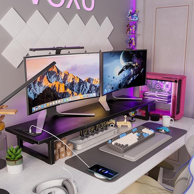 Simple Trending Dual Monitor Stand Riser with 2 USB Charging Ports, Desk Organizer With Drawer and 2 Pen Holders, Shelf for Top of Desk, Black