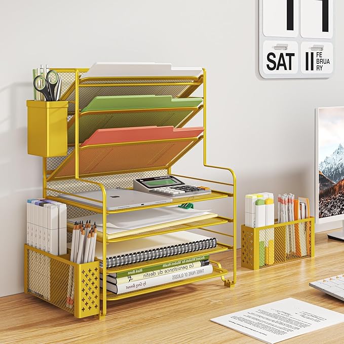 Simple Trending 7 Tier Desk File Organizer, Letter Tray Paper Organizer with Pen Holder and Metal Hanging Basket, Gold