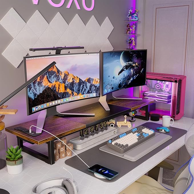 Simple Trending Dual Monitor Stand Riser with 2 USB Charging Ports, Desk Organizer With Drawer and 2 Pen Holders, Shelf for Top of Desk, iMac