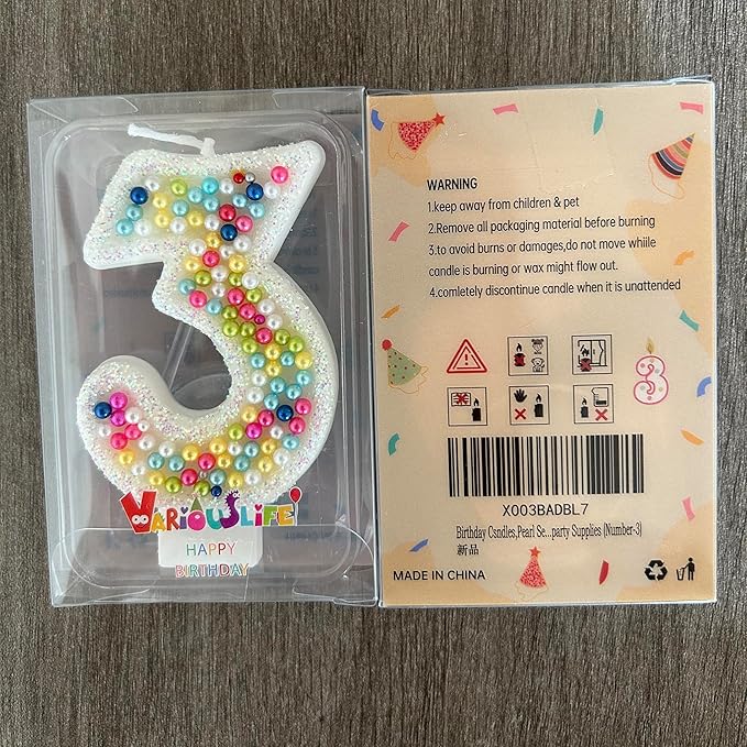 Birthday Candles, Pearl Sequin Number Candle Party Supplies (Number-3)